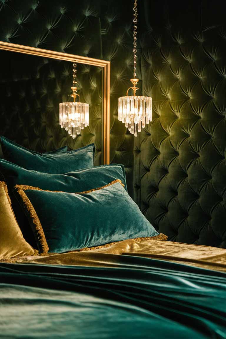 A tiny but opulent bedroom with dark green velvet walls. The bed features plush green and gold velvet bedding. A small crystal chandelier hangs above, and a gold-framed mirror reflects light, making the space feel larger.