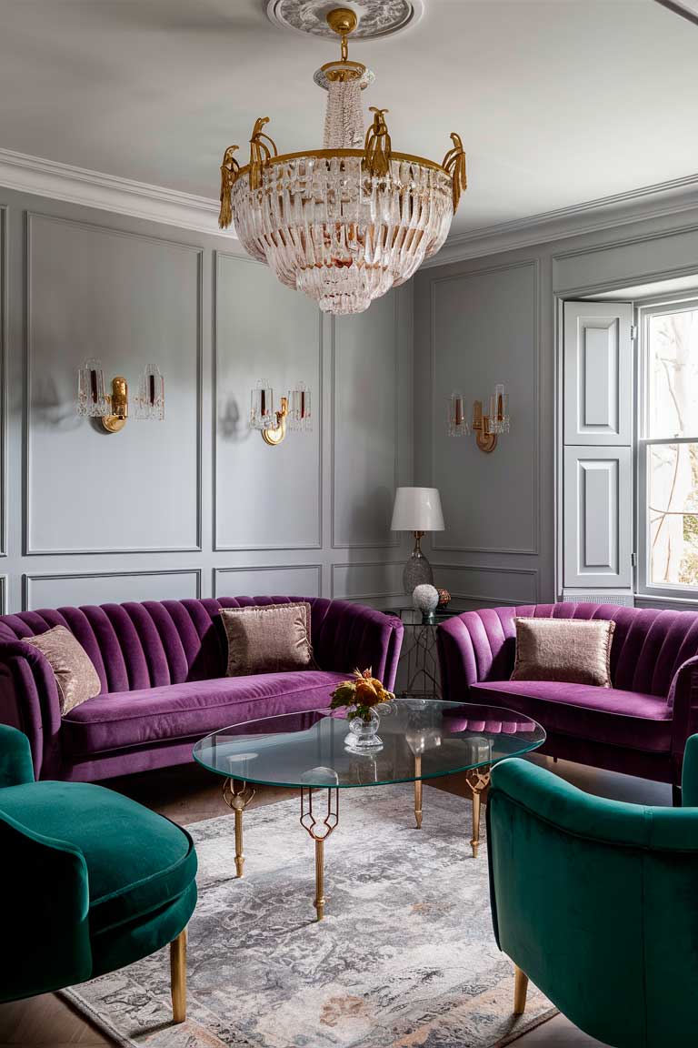 A small living room featuring luxurious jewel tones. A deep amethyst velvet sofa takes center stage, accompanied by an emerald green accent chair. The walls are a soft grey, and a crystal chandelier with gold accents hangs from the ceiling. A glass coffee table with gold legs sits in the center of the room.