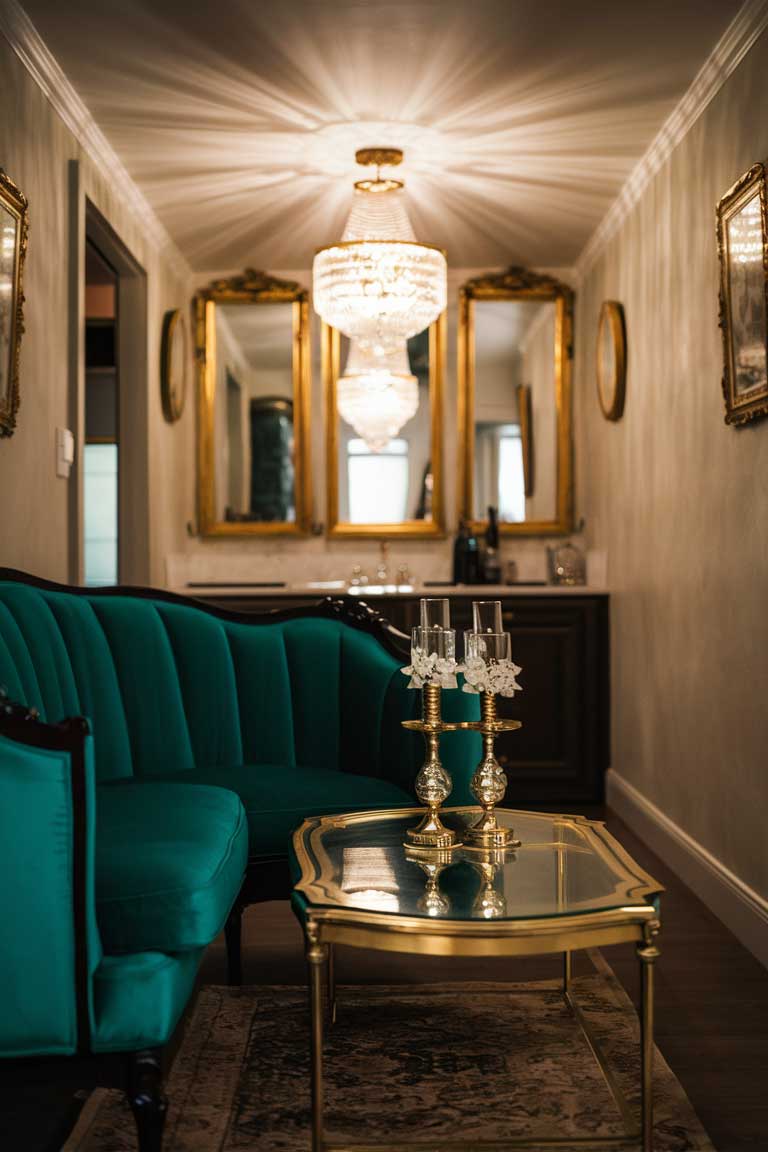 A glamorous tiny living room with vintage elements. A velvet loveseat in a deep emerald green is the focal point. A glass coffee table with gold accents sits in front. A crystal chandelier hangs from the ceiling, casting a warm glow. The walls are adorned with ornate gold-framed mirrors and framed vintage prints. The room exudes luxury despite its small size.