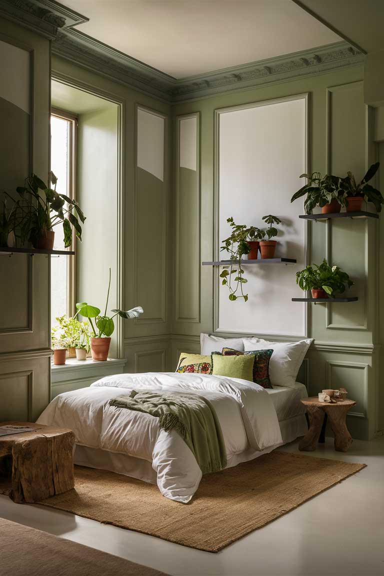 A tiny house bedroom with green walls, a small bed with white and green bedding, potted plants on floating shelves, and a large window letting in natural light. The room should look cozy, bright, and inviting.