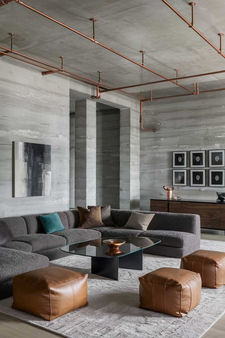 A well-balanced industrial minimalist living room showcasing a thoughtful mix of elements. Raw concrete walls and exposed pipes are softened by a plush grey sectional sofa and round leather poufs. A sleek black metal coffee table contrasts with a warm wooden sideboard. Minimalist artwork and a few carefully chosen decorative objects adorn the space, while large windows flood the room with natural light, highlighting the interplay of textures and materials.