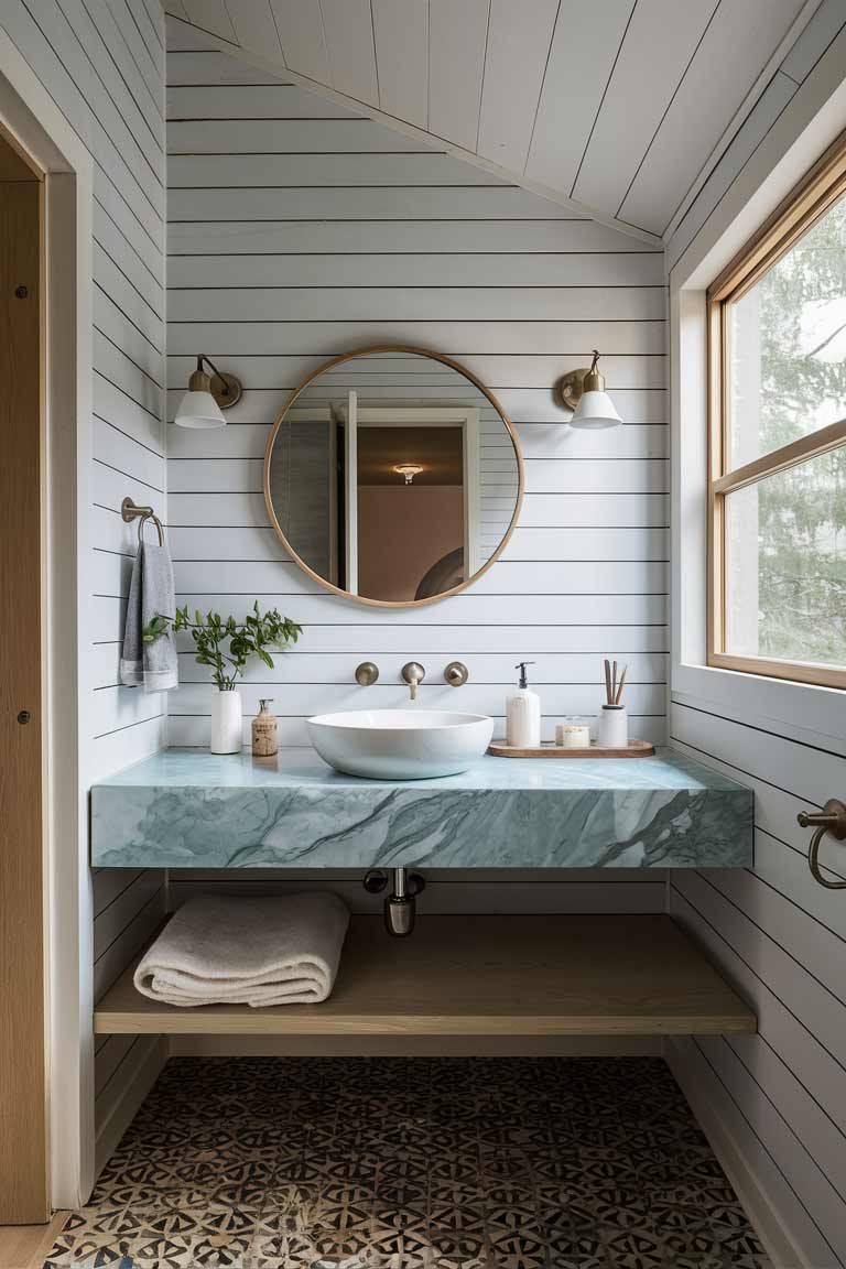 A marble countertop installed in a tiny home bathroom, highlighting the classic, luxurious aesthetic it brings to the space, while also acknowledging the need for proper care and sealing to maintain its beauty.