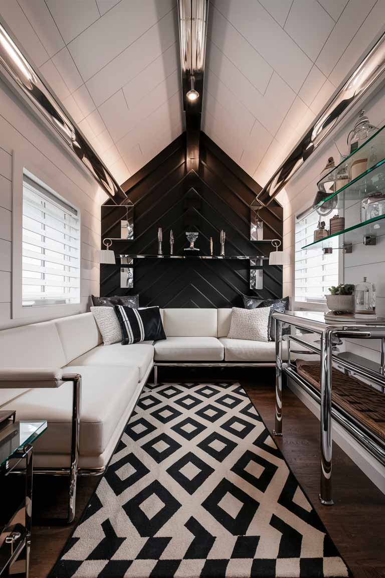 A stylish tiny house living room with a striking black and white color scheme. A white low-profile sofa contrasts with a black accent wall. Chrome and glass accents add sparkle, while a geometric black and white rug ties the look together. The space feels sophisticated and spacious despite its small size.