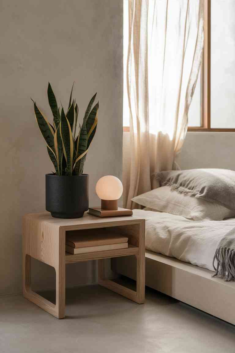 A medium-sized Snake Plant in a sleek, cylindrical pot placed on a minimalist wooden nightstand next to a low platform bed. The nightstand also features a simple ceramic lamp and a small book. The background shows neutral-toned walls and a glimpse of a large window with sheer curtains, allowing soft light to filter in.