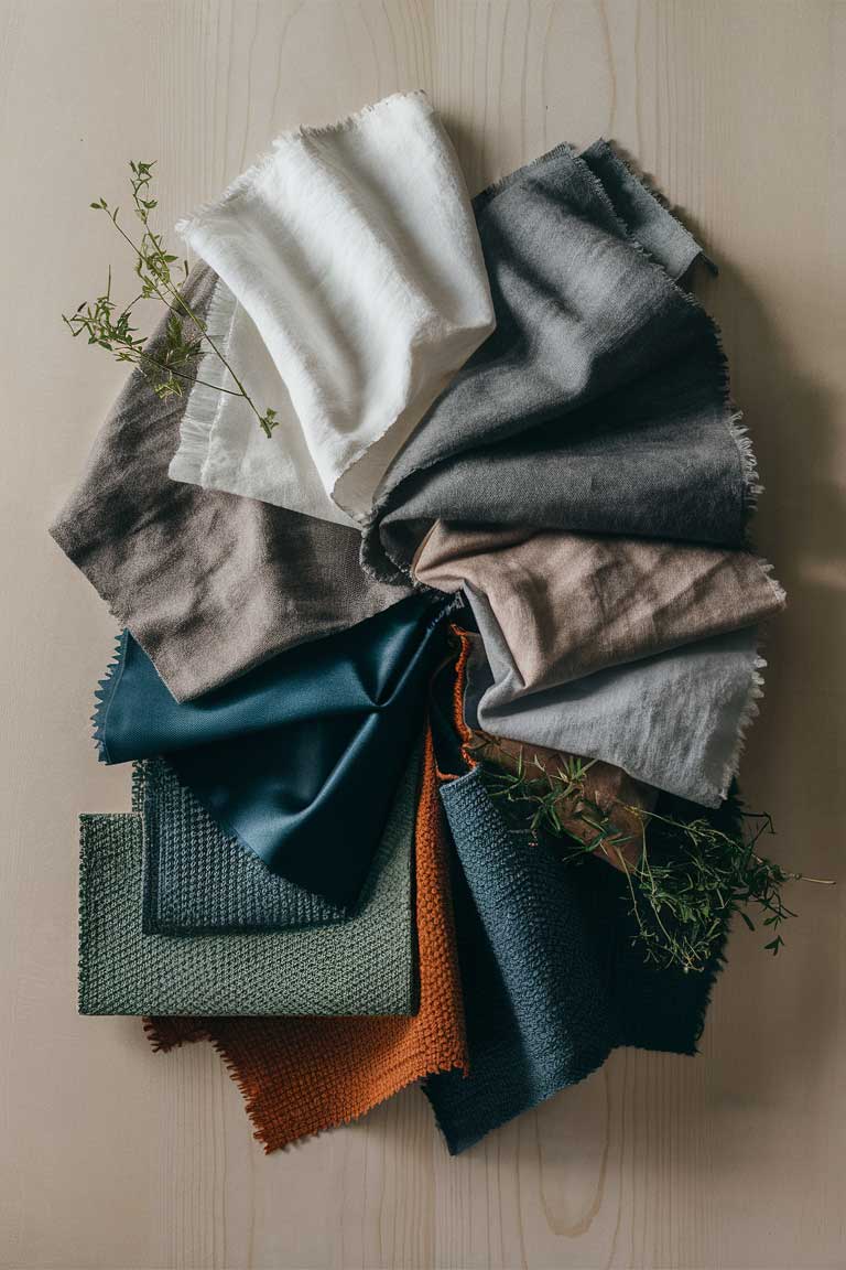 A close-up of various fabric swatches in japandi color palette, including soft white linen, warm grey wool, muted beige cotton, deep indigo silk, sage green textured fabric, and rust orange woven material, arranged artfully on a light wooden surface.