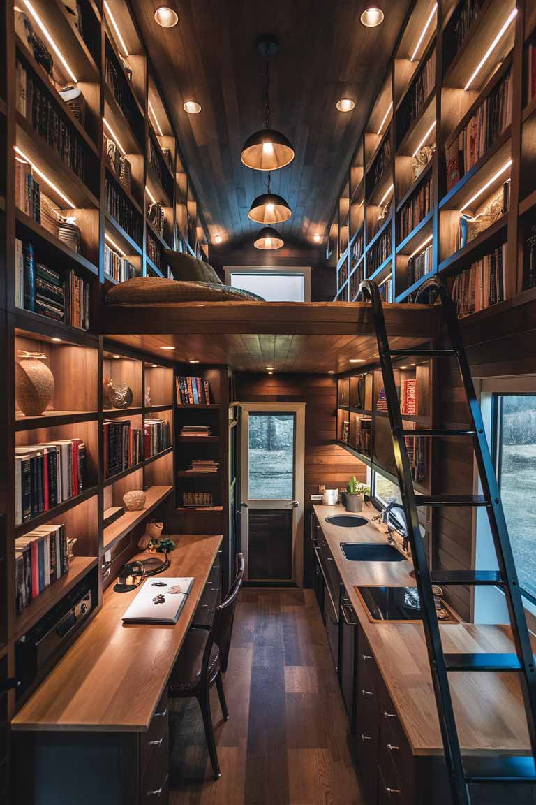 A tiny house interior showcasing clever vertical space usage. A cozy lofted bedroom is visible above, accessed by a sleek ladder. The main living area features floor-to-ceiling built-in shelving filled with books and decorative items. Pendant lights hang from the high ceiling, illuminating a compact workspace below.