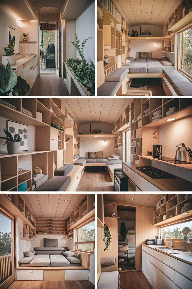 A well-organized Japanese tiny house interior featuring built-in storage solutions, such as wall-mounted shelves, hidden compartments, and multifunctional furniture, maximizing the available space.