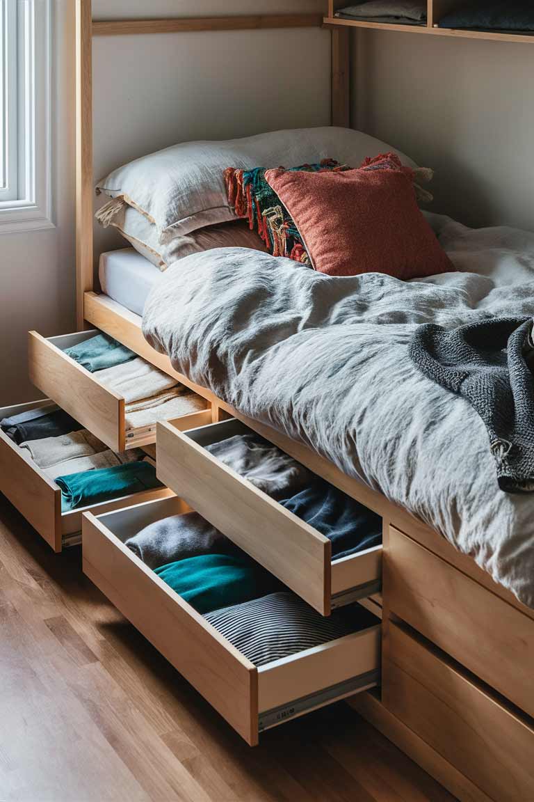 A close-up view of a compact storage bed in a tiny house bedroom. The bed has several drawers pulled out, revealing neatly organized clothes and bedding. The bed is made with crisp white linens and colorful throw pillows, creating a contrast with the wooden frame of the storage bed.