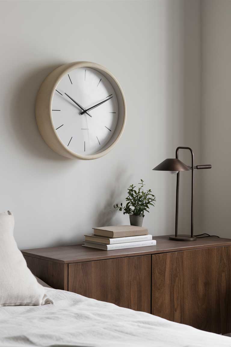 A detailed view of a large, circular wall clock with a pale wooden frame and no numerals. The clock hands are simple black lines, and the face is a clean white. It hangs on a soft gray wall above a low wooden console, its simplicity and size making it a functional piece of art.