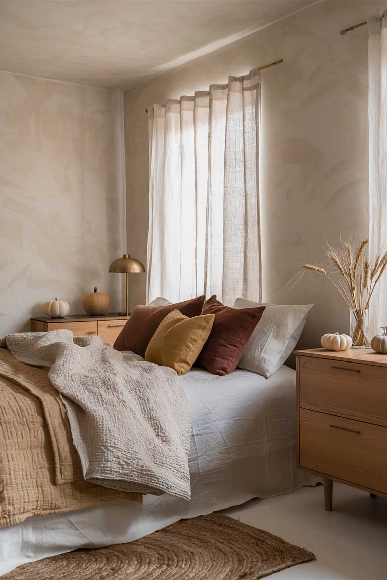 A minimalist bedroom showcasing a cohesive color palette. The walls are painted in a warm, light gray. The bed features white sheets, a oatmeal-colored duvet, and throw pillows in shades of rust and mustard. A wooden dresser holds a few carefully chosen decorative items in similar tones – a brass lamp, a small white pumpkin, and a vase with dried wheat stalks. The curtains are a sheer, warm white, allowing soft light to filter through. The overall effect is harmonious and distinctly autumnal without being overwhelming.