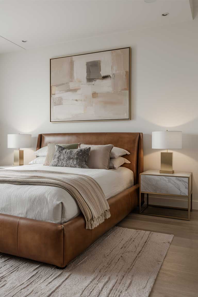 A minimalist bedroom featuring a leather-upholstered bed frame in a rich brown. The nightstands have marble tops and brushed gold hardware. A large, abstract painting in muted tones hangs above the bed.