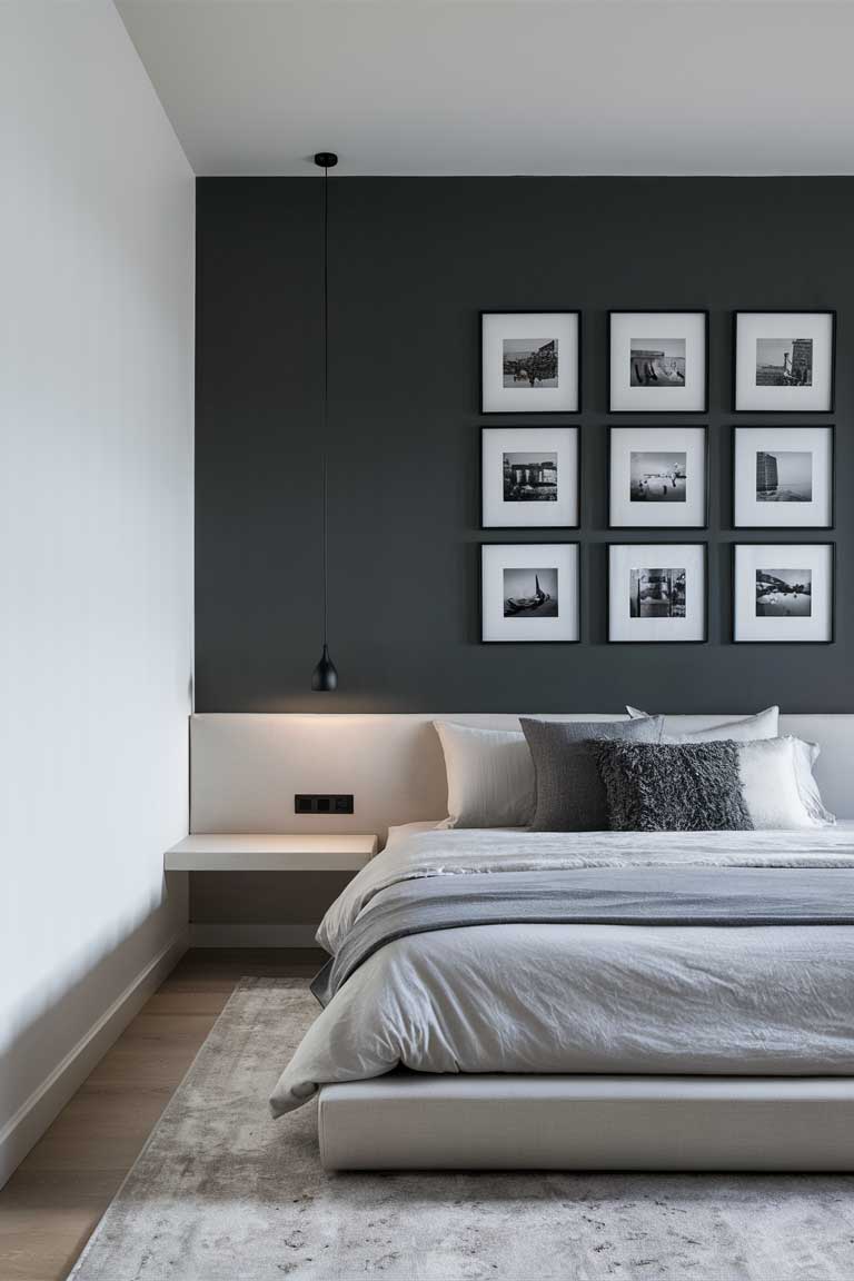 A minimalist bedroom with three white walls and one accent wall in a deep charcoal grey. The accent wall features a carefully arranged gallery of black and white photographs in simple black frames.