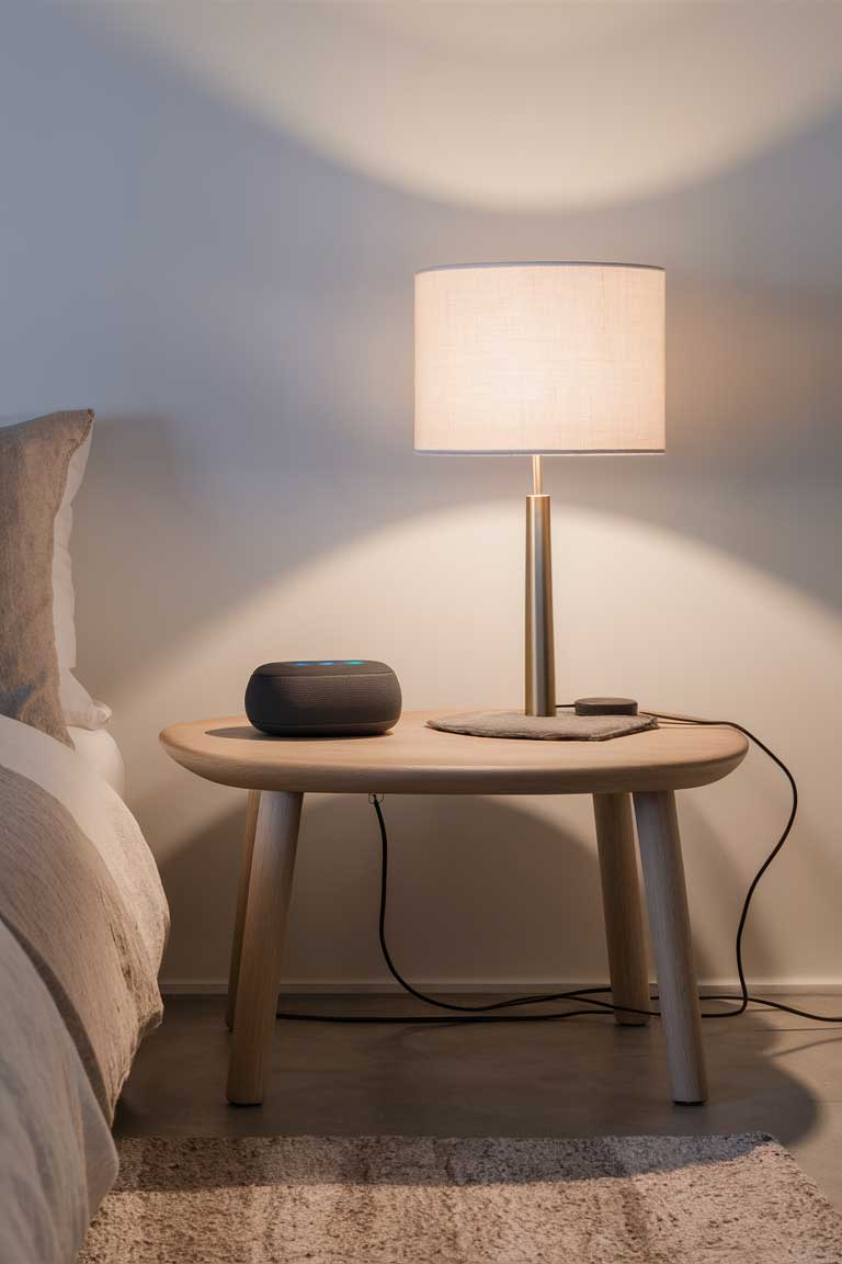 A minimalist bedside table with a sleek smart speaker and a simple touch-sensitive lamp. The rest of the visible room is clean and uncluttered, with no visible wires or complex controls.