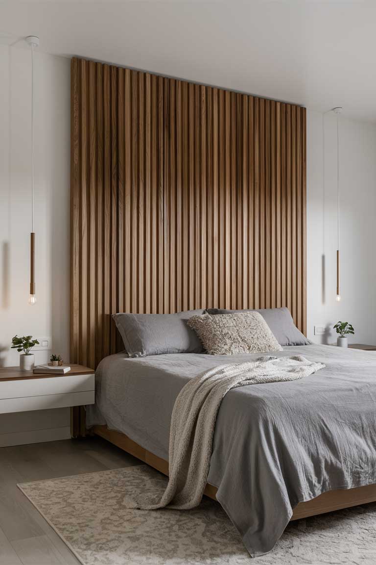 A minimalist bedroom featuring a large, wooden headboard with vertical slats. The headboard extends from floor to ceiling, creating a striking focal point against a white wall. The bed is dressed in simple, grey bedding.