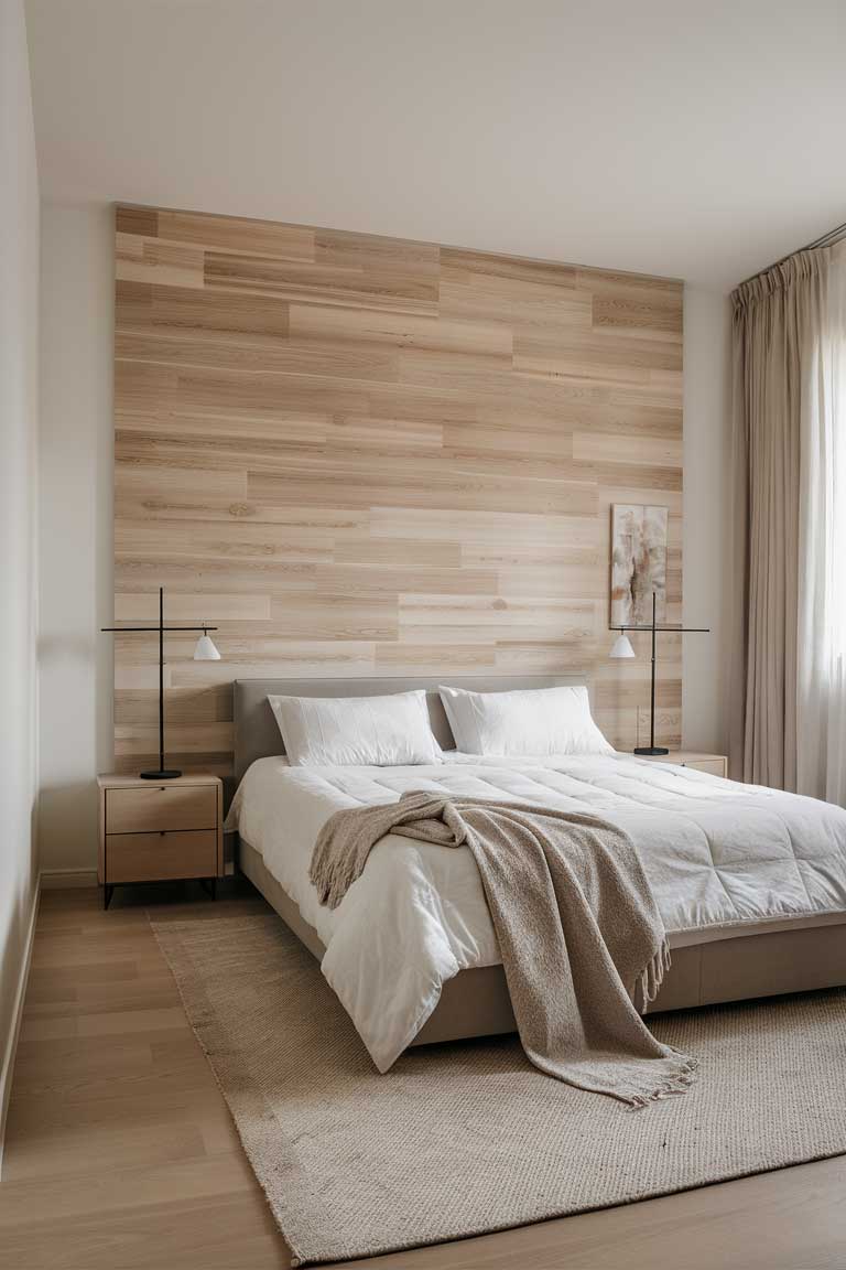 A minimalist bedroom featuring a striking wooden accent wall behind the bed. The wall is made of light-colored wood planks arranged in a simple geometric pattern. The rest of the room is kept neutral with white walls and bedding, allowing the wooden element to be the focal point.