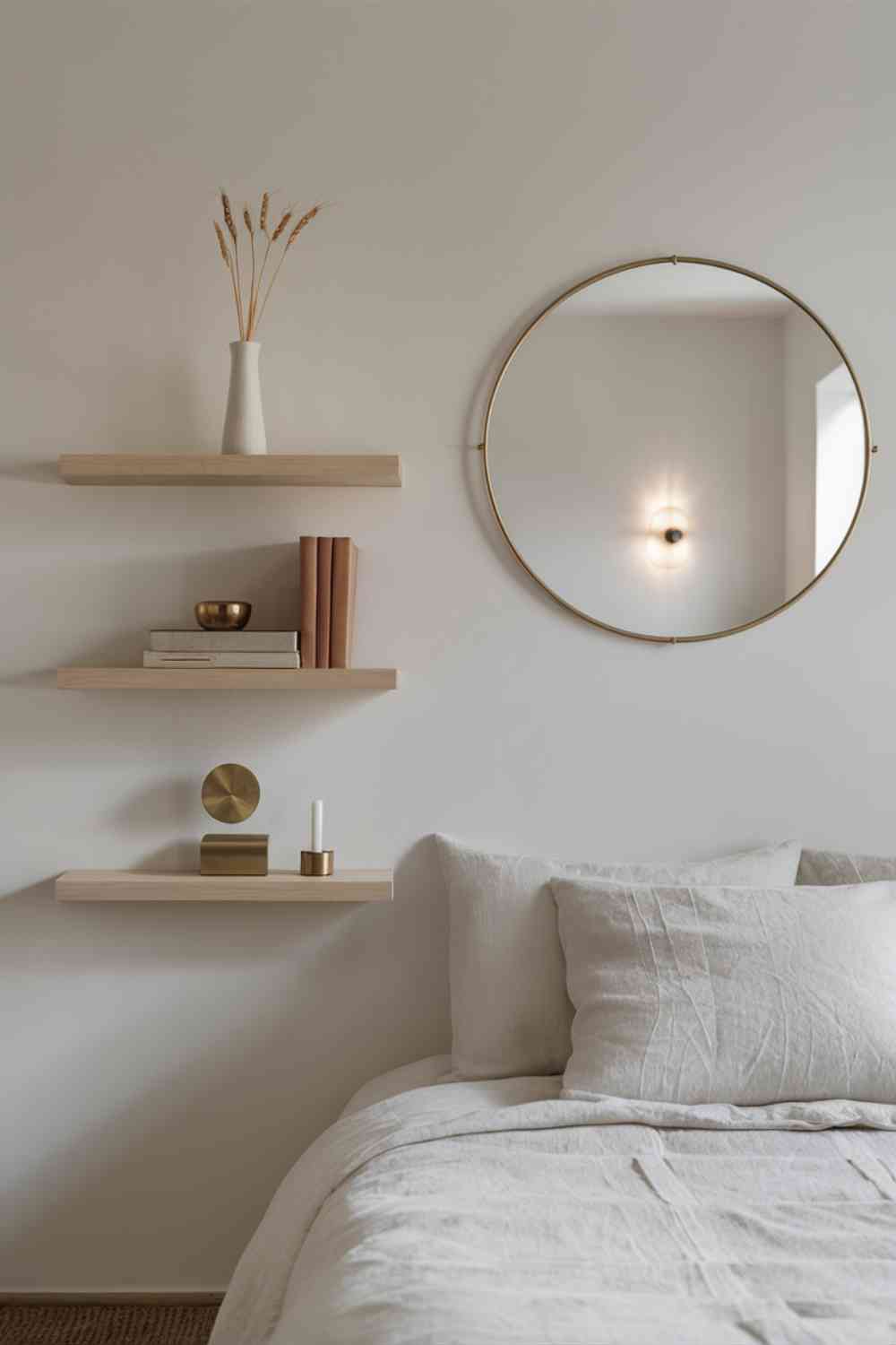 A minimalist bedroom wall with a large, round mirror in a slim brass frame. The mirror reflects warm, diffused light and a glimpse of the cozy bed. To the left of the mirror, there's a set of three floating shelves in light wood. The top shelf holds a small white ceramic vase with dried wheat stalks, the middle shelf has a stack of books with warm-toned covers, and the bottom shelf displays a simple brass clock. The wall is painted in a soft, warm white color.