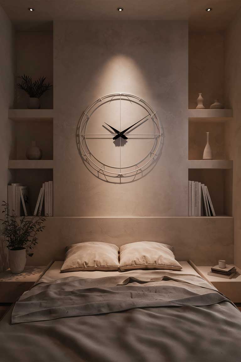 A minimalist wall clock with thin black hands against a white face, hanging on an otherwise bare wall. The clock's simple design makes it a statement piece without overwhelming the space.