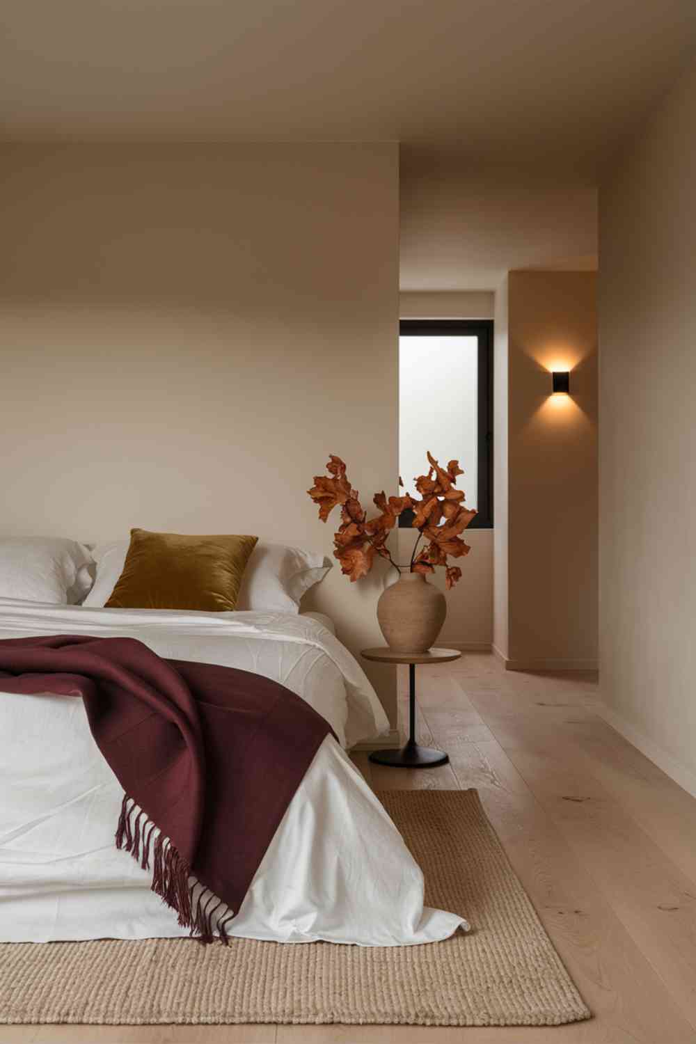 A minimalist bedroom with a neutral base color scheme, featuring a bed with crisp white sheets and a deep burgundy throw blanket draped across the foot. A single mustard yellow pillow sits on the bed, and a small side table holds a vase with dried orange leaves. The room has warm, diffused lighting, creating a cozy autumn atmosphere.