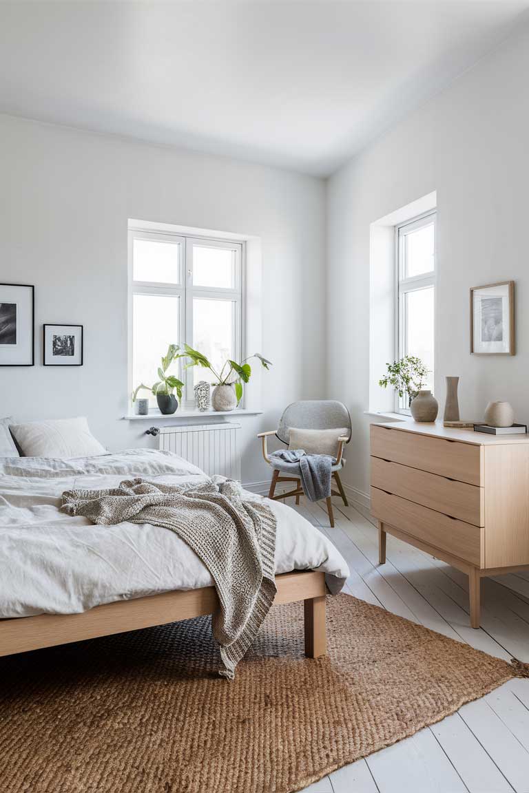 A minimalist bedroom with clear Scandinavian influences. A simple wooden bed frame is paired with crisp white bedding. A sleek dresser in light wood tones stands against one wall, while a classic Scandinavian-style chair sits in the corner. The room feels bright, airy, and perfectly uncluttered.