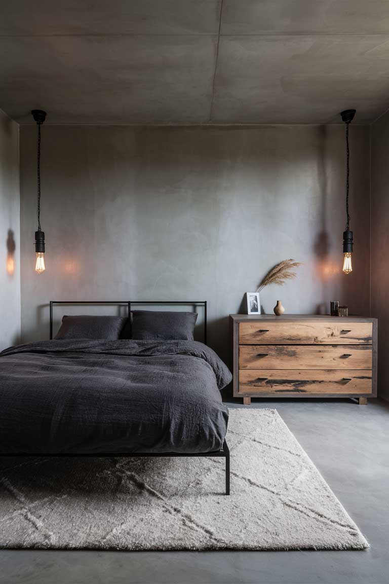 A minimalist bedroom with concrete floors and walls. The bed features a metal frame and is dressed in dark grey bedding. Industrial-style pendant lights hang on either side of the bed, and a reclaimed wood dresser completes the look.