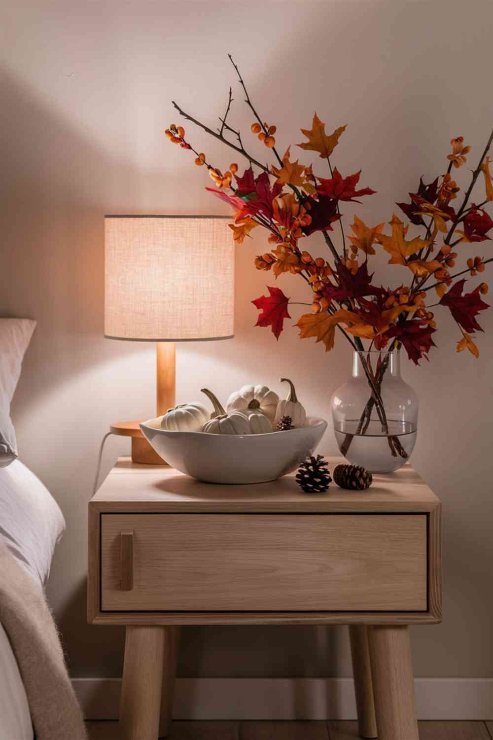 A minimalist bedside table made of light wood. On top, there's a simple white ceramic bowl filled with small white pumpkins and pine cones. Next to it, a clear glass vase holds a few branches with autumn leaves in shades of orange and red. A warm-toned table lamp with a linen shade provides soft illumination. The wall behind is painted in a warm, light gray color.