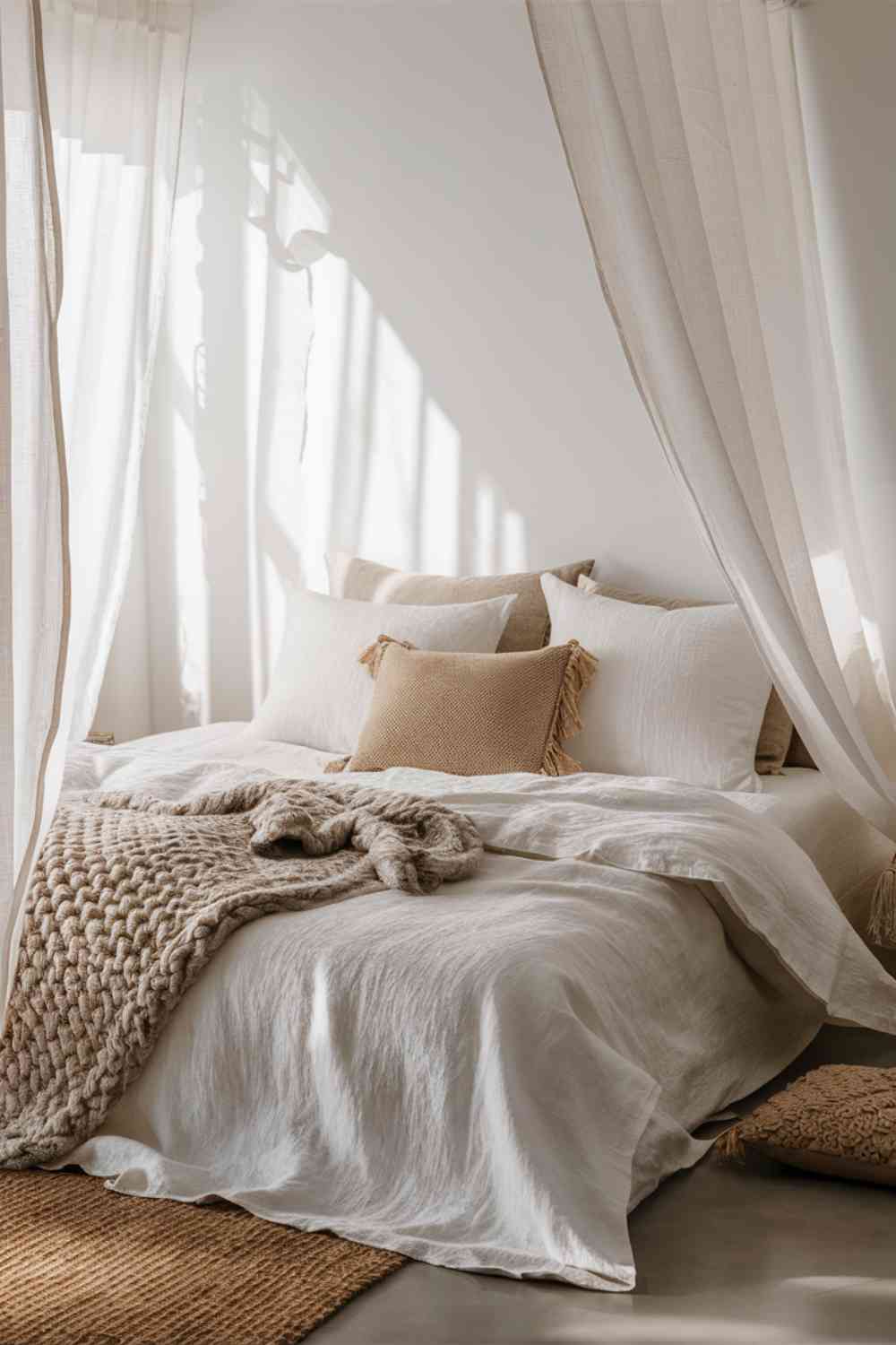 A minimalist boho bed with layered bedding. The base is crisp white linen sheets and a duvet. At the foot of the bed is a chunky knit throw in a warm beige color. Several pillows are arranged at the head of the bed, including white linen pillowcases, a long lumbar pillow with subtle fringe details, and a smaller decorative pillow with a woven texture in a soft earth tone.