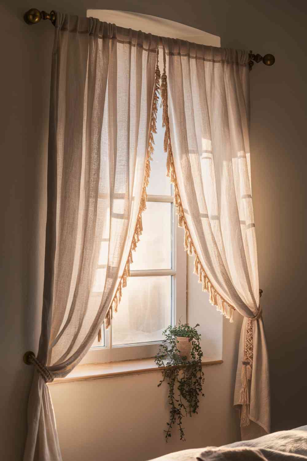 A minimalist boho bedroom window dressed with flowing, sheer white curtains. The curtains are made of a lightweight linen fabric that billows gently in the breeze. They're hung from a simple wooden curtain rod with brass finials. The sunlight filtering through the curtains creates a soft, dreamy atmosphere in the room. A macramé curtain tieback is visible, adding an extra boho touch to the window treatment.