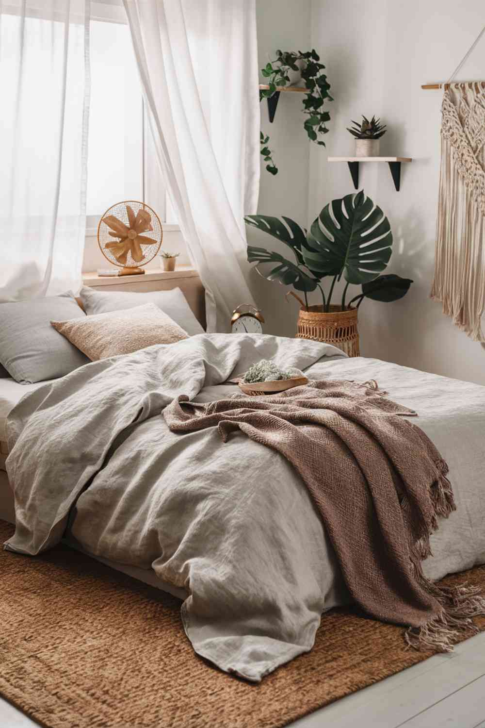 A minimalist boho bedroom styled for summer. The heavy winter duvet has been replaced with a lightweight linen coverlet in a soft, natural tone. Sheer white curtains billow gently at an open window. A rattan fan sits on the bedside table, and a large, leafy plant in the corner adds a touch of lush greenery. The overall effect is breezy and refreshing, perfect for hot summer nights.