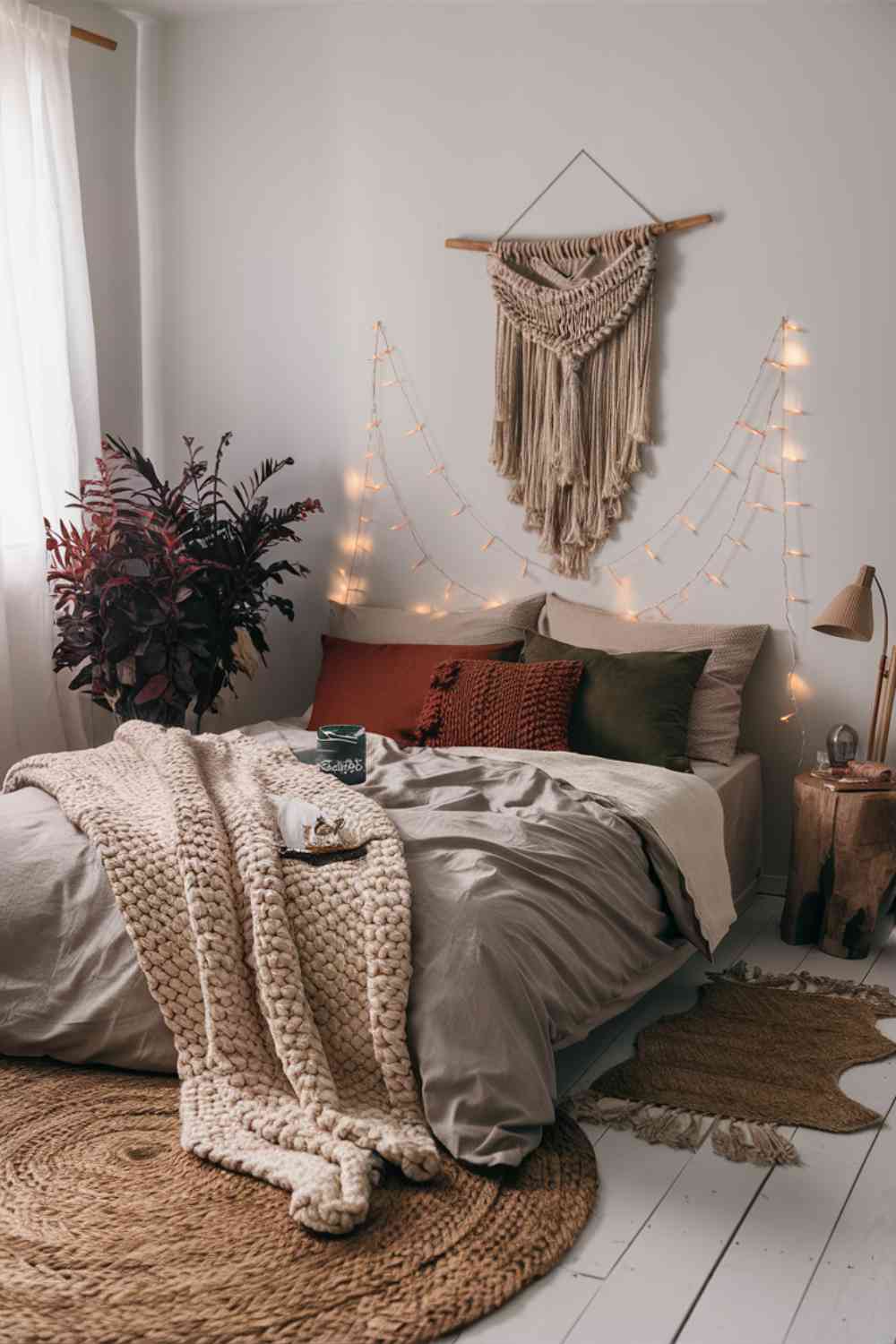 A minimalist boho bedroom styled for winter. A chunky knit throw in a warm cream color is draped over the foot of the bed. The lightweight summer bedding has been swapped for a fluffy duvet in a soft, muted color. A few extra pillows in rich, earthy tones add depth and warmth. A string of warm fairy lights is draped over the headboard, creating a cozy glow. The effect is snug and inviting, perfect for chilly winter evenings.