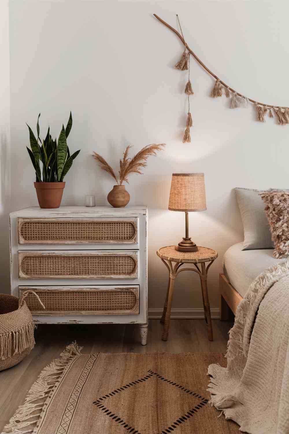 A minimalist boho bedroom featuring upcycled furniture. An old wooden dresser has been given new life with a whitewash finish and rattan fronts added to the drawers. A simple side table has been transformed with a coat of chalk paint in a soft earth tone and a new top made from woven jute. These pieces blend seamlessly with the room's aesthetic while adding character and history to the space.