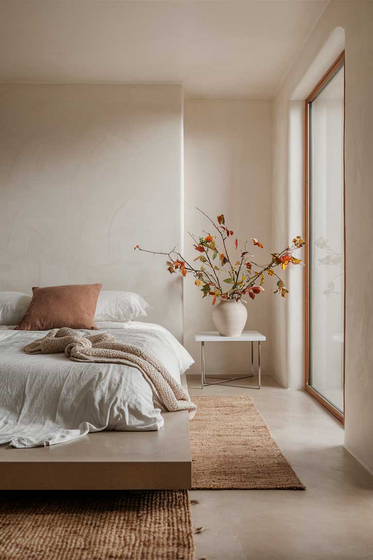 A minimalist bedroom showcasing the importance of negative space. The room features a low platform bed with crisp white linens and a single rust-colored throw pillow. Next to the bed is a sleek nightstand with nothing on its surface except a simple ceramic vase holding a few branches with autumn leaves. The walls are a warm off-white, and there's ample empty space around the furniture. A large window lets in natural light, creating a bright, airy feel despite the warm autumnal touches.