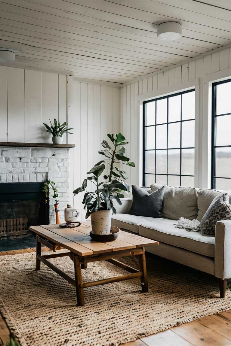 A minimalist farmhouse living room with plants.