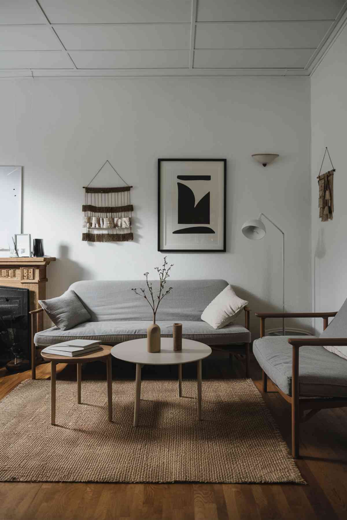 A minimalist Japandi living room with carefully curated items. Show a clean, uncluttered space with a few key pieces: a sofa, a coffee table with a single vase, and perhaps one piece of wall art. The image conveys a sense of spaciousness and intentionality in design choices.