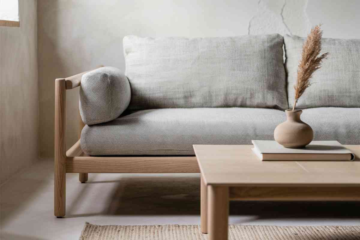 A close-up shot of a minimalist Japandi living room corner. The image features a low-profile wooden sofa with clean lines, upholstered in a neutral, light gray fabric. The sofa is accompanied by a simple, rectangular coffee table with a natural wood finish. On the coffee table, there is a small, low ceramic vase with a single dried pampas grass stem and a stack of two clean-lined coffee table books.