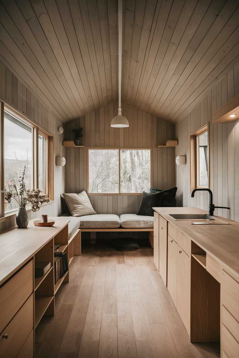 A minimalist Japanese tiny house interior with a neutral color palette featuring soft whites, grays, and beiges, creating a serene and cohesive atmosphere.