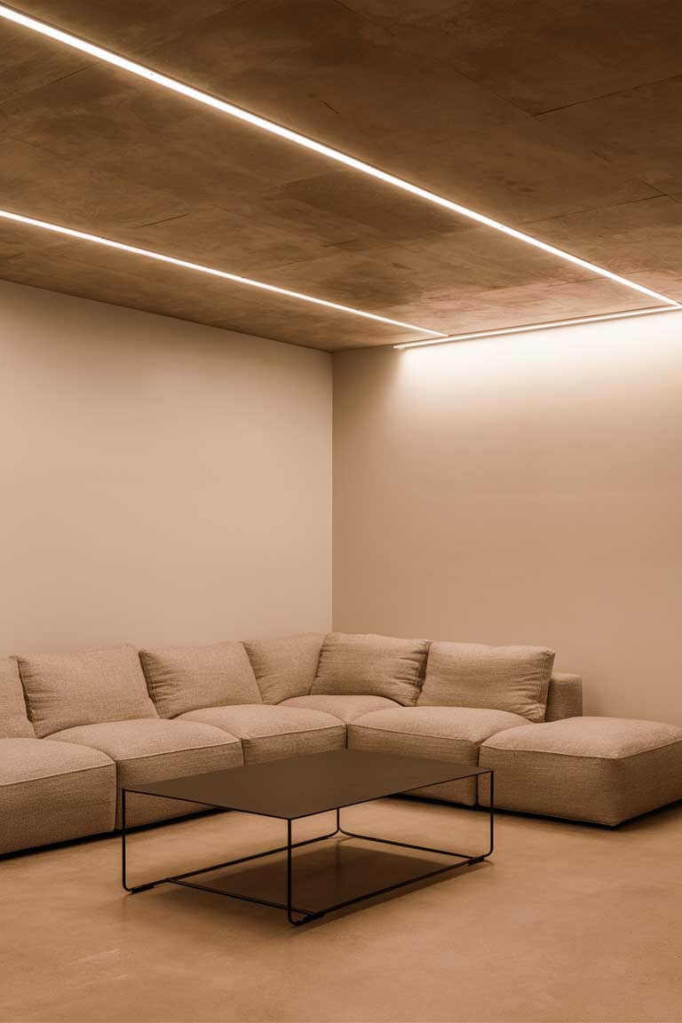 A minimalist living room with a continuous linear LED light embedded into the ceiling, running the entire length of the room. The light casts a warm, diffused glow over a neutral-colored sectional sofa and a minimalist black metal coffee table.