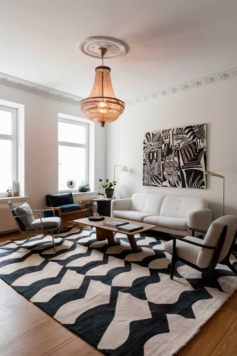 A minimalist living room with a predominantly black-and-white color palette. A large, bold patterned rug in shades of gray and white anchors the space, and a mix of vintage and modern furniture, including a white sofa and a mid-century modern coffee table, create visual interest. On the wall, a striking piece of abstract art in black and white adds a focal point, while a statement chandelier above casts a warm glow throughout the room.