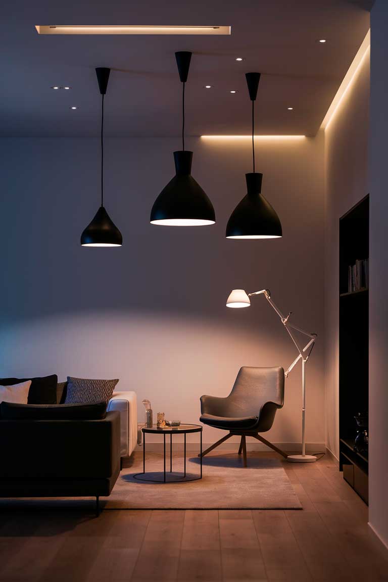 A minimalist living room at dusk, showcasing various lighting fixtures.