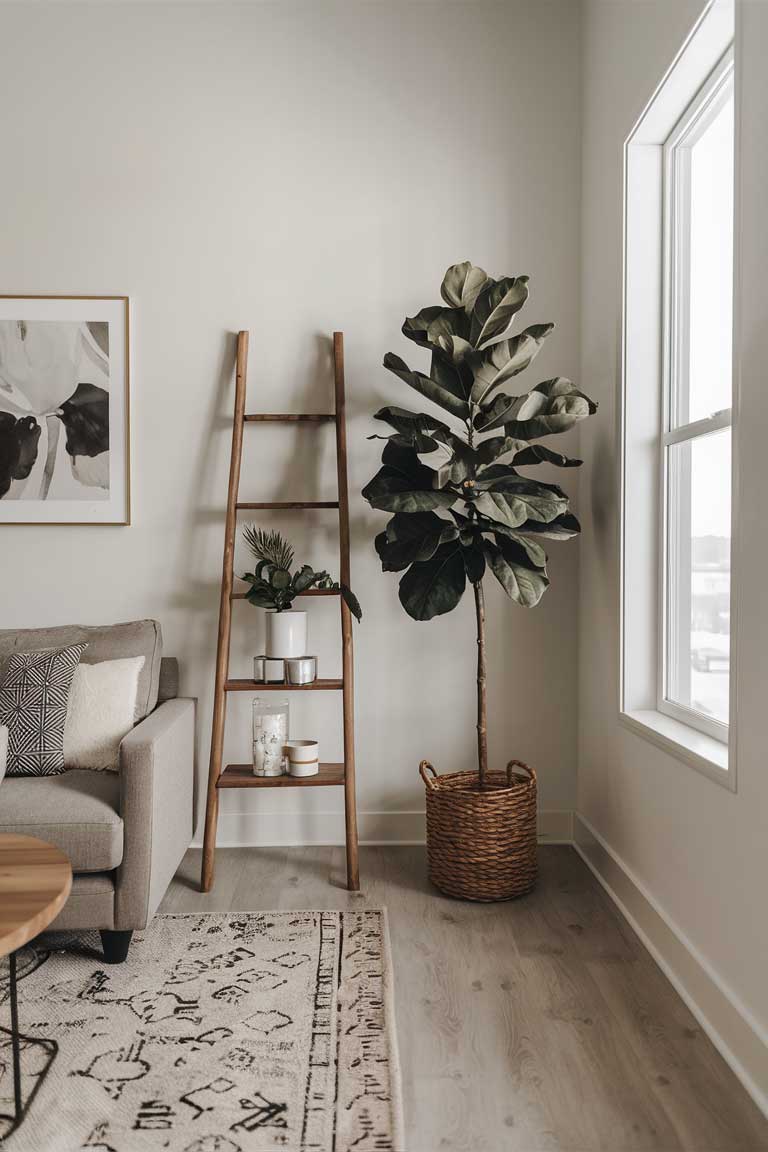 A minimalist living room corner with a large potted fiddle leaf fig tree next to a wooden ladder used as a decorative shelf.