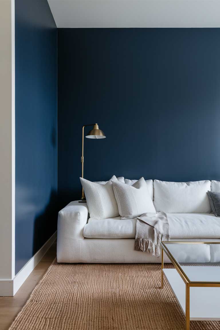 A minimalist living room corner featuring a navy blue wall, a white low-profile sofa, and a beige area rug. The sofa is adorned with white and gray throw pillows. A sleek gold floor lamp stands next to the sofa, and a simple white coffee table with a gold-rimmed glass top sits in front. The image showcases the harmonious color palette of navy, white, neutrals, and metallic accents.