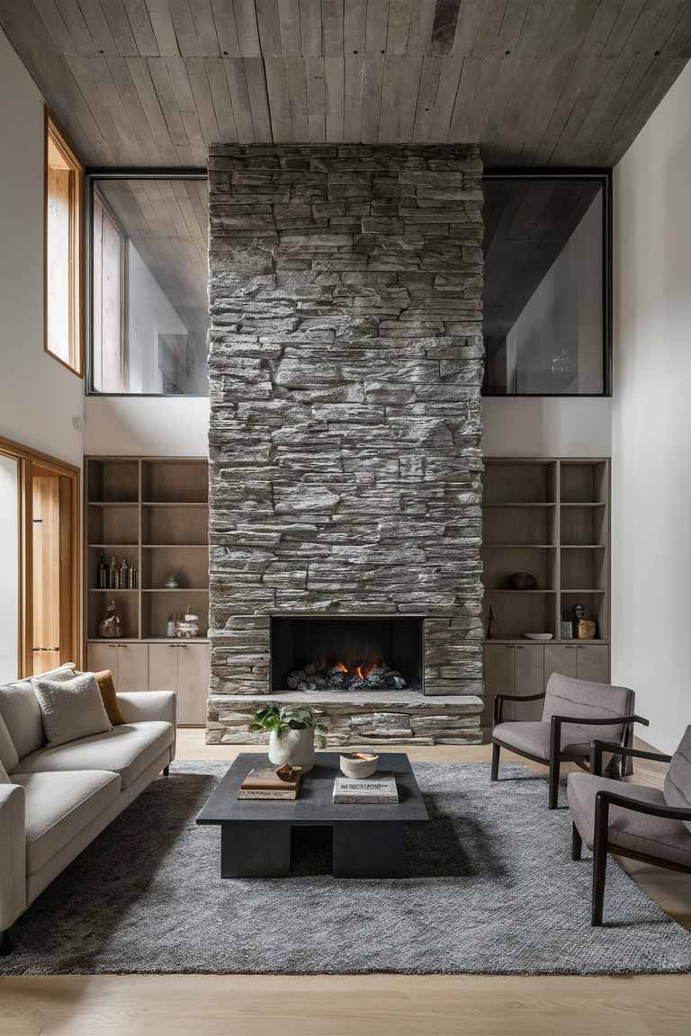 A minimalist living room featuring a striking floor-to-ceiling stone fireplace as the central focus.