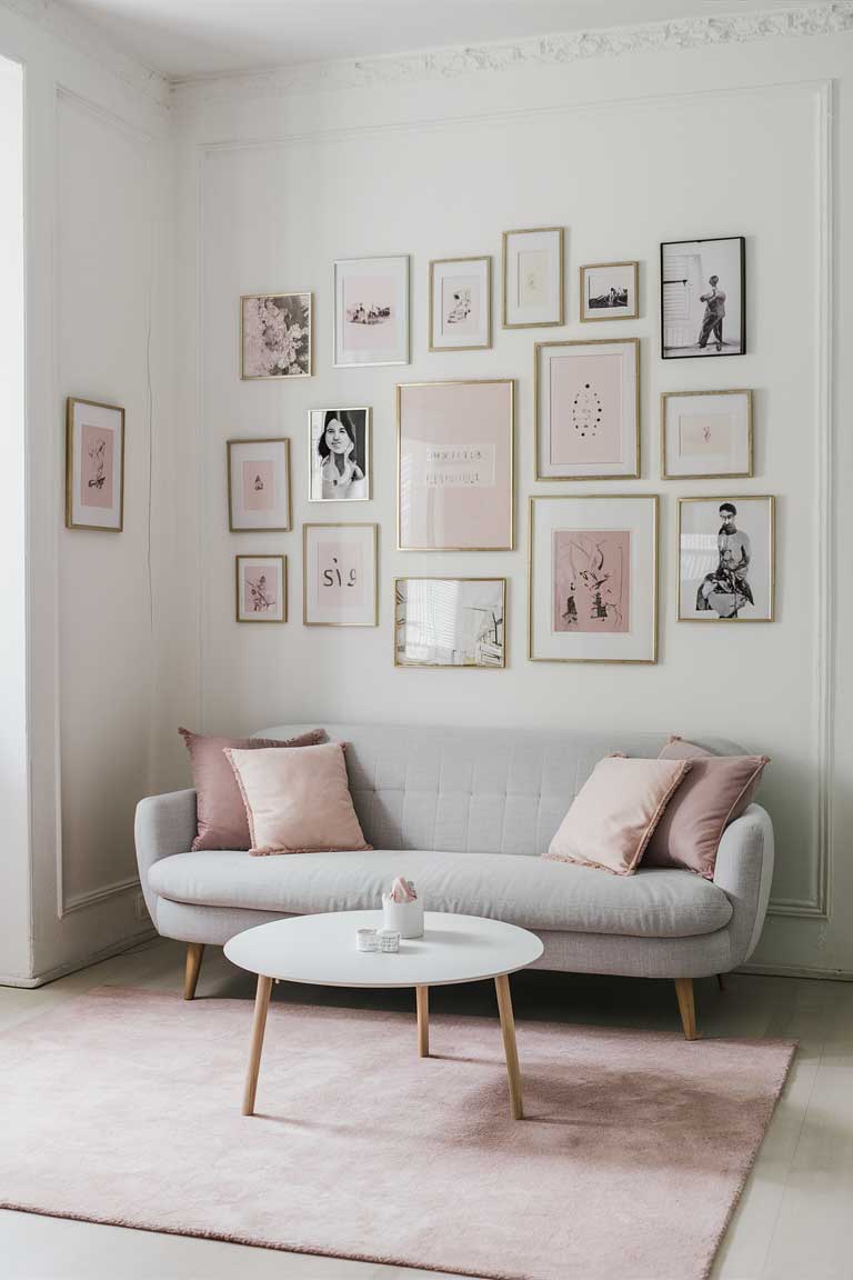 A minimalist living room with white walls featuring a gallery wall of pastel-framed art prints and photographs. The room has a light gray sofa with pastel cushions, a round white coffee table, and a soft blush rug.