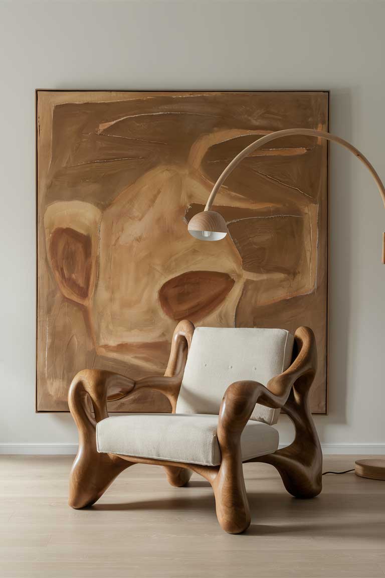 A minimalist living room featuring a large, abstract canvas painting in earthy tones as the main focal point. In front of it, a uniquely crafted wooden armchair with organic, flowing lines stands out against the simple background. A sculptural floor lamp made of bent wood arches over the chair, adding both light and artistic interest to the space.