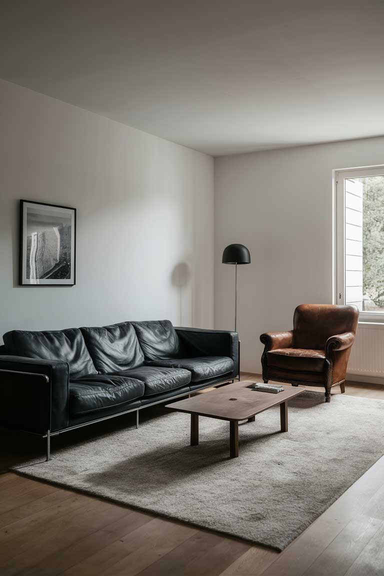 A minimalist living room featuring a low-profile black leather sofa as the main seating, with a single vintage brown leather armchair in the corner.