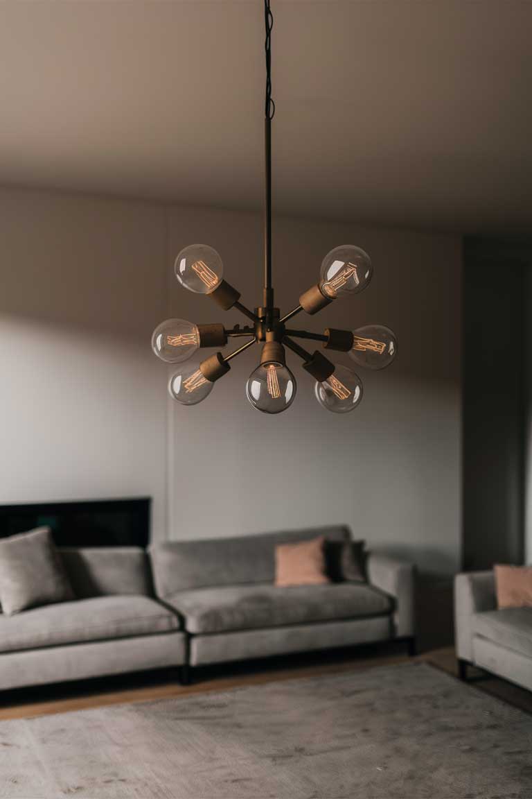 A minimalist living room featuring a simple chandelier with exposed bulbs as the central lighting fixture. 