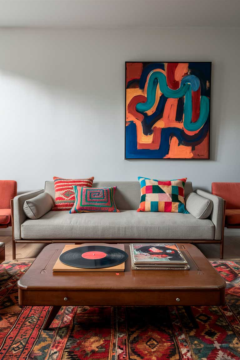 A minimalist living room featuring a sleek, low-profile sofa in a neutral tone. On a vintage-inspired wooden coffee table, a record player sits alongside a collection of vinyl records. Hanging on the wall above the sofa is a bold, abstract painting in vibrant colors, adding a modern touch to the space. Colorful throw pillows in geometric patterns and mid-century modern accent chairs complete the eclectic, retro-inspired look.