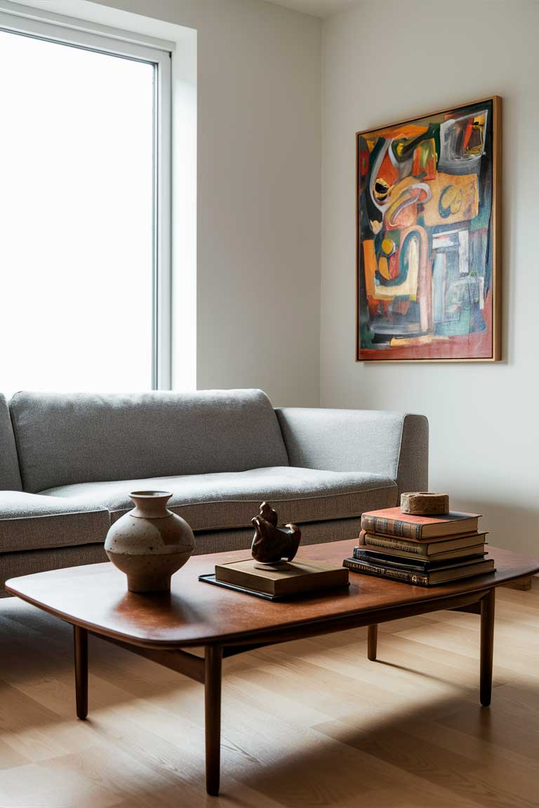 A minimalist living room featuring a sleek, low-profile gray sofa positioned in front of a large window. On a mid-century modern wooden coffee table, a mix of vintage and contemporary decor pieces are artfully arranged, including a ceramic vase, a small sculpture, and a stack of old books. Hanging on the wall above the sofa is a vibrant abstract painting, adding a pop of color to the otherwise neutral space.