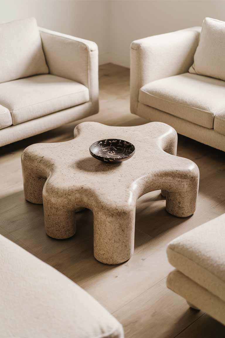 A living room featuring a uniquely shaped coffee table