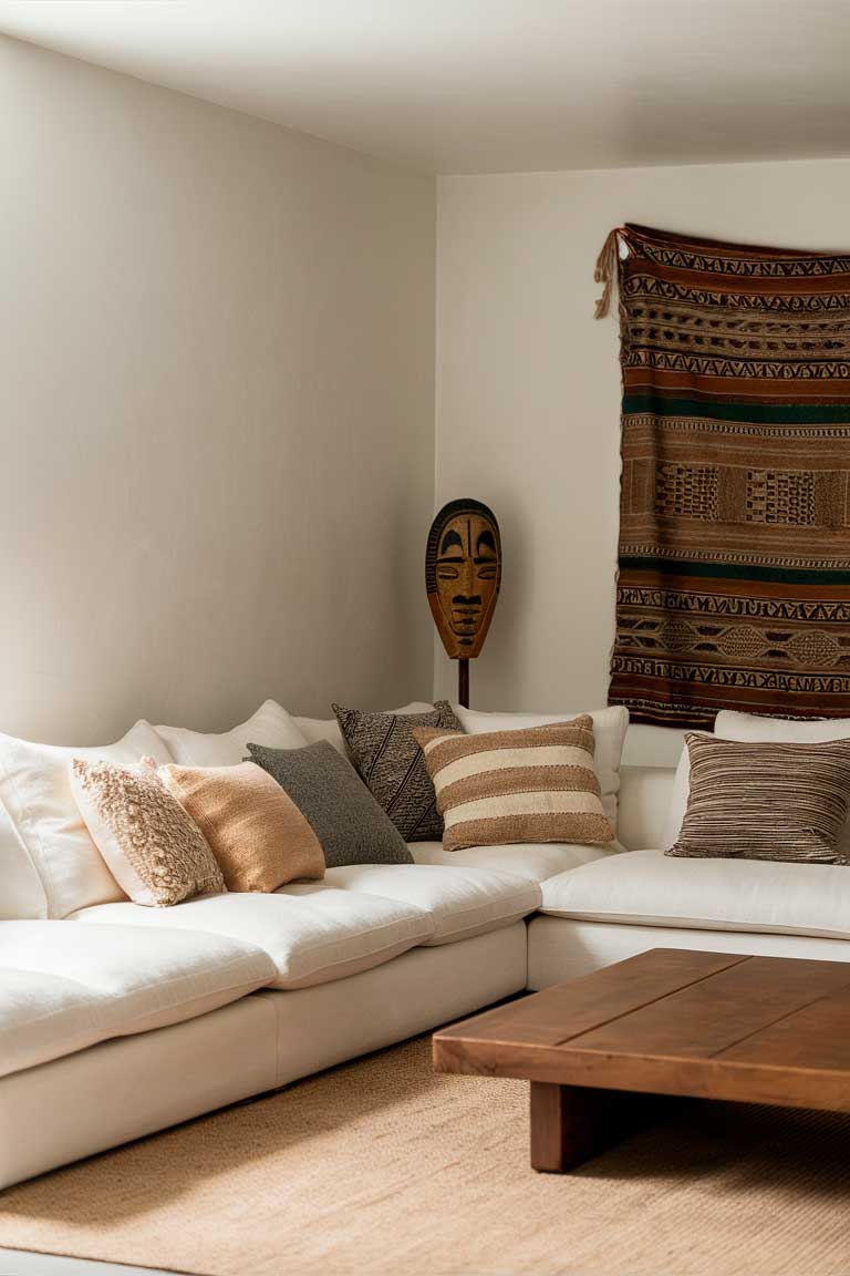 A minimalist living room featuring a white sectional sofa adorned with an assortment of throw pillows in various patterns and textures. On the wall, a handwoven tapestry in earthy tones adds a global, bohemian touch. A wooden coffee table anchors the space, and in the corner, a striking African mask stands as a sculptural accent.