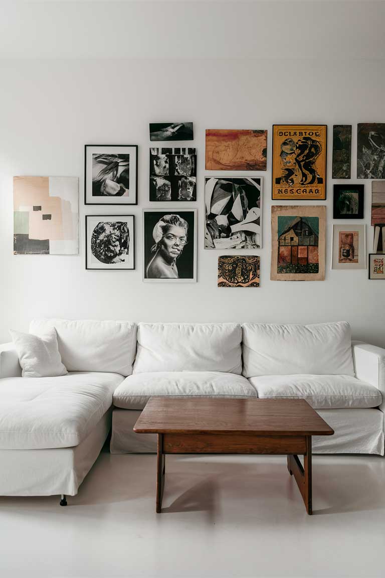 A minimalist living room featuring a white sofa and a wooden coffee table. On the wall, an eclectic gallery wall displays a mix of artwork, including black-and-white photography, abstract paintings, and vintage prints. The simplicity of the furniture allows the artwork to be the focal point, creating a visually stimulating and personalized space.